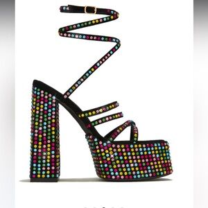 Shein Embellished Multicolored Rhinestone Platform Block Strappy Heels